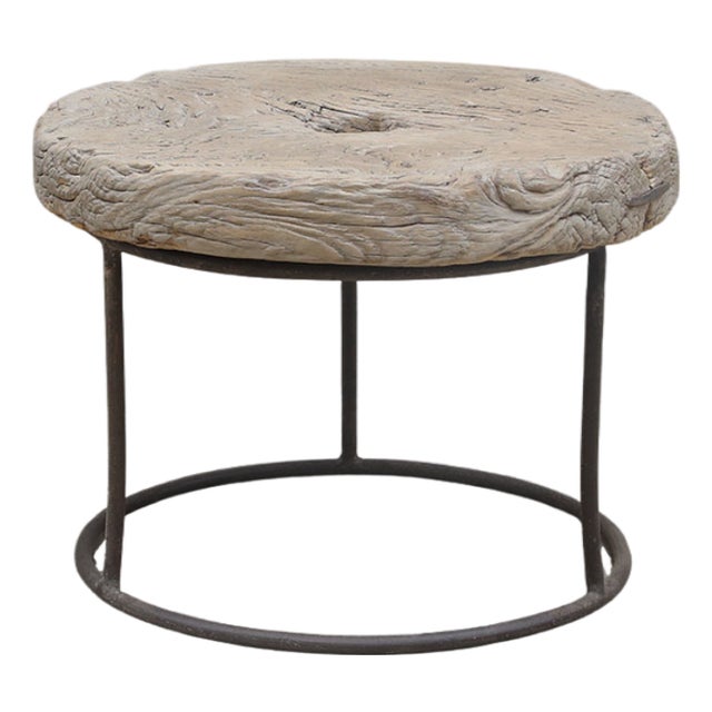 Vintage Elm Mill Wheel and Iron Side Table For Sale