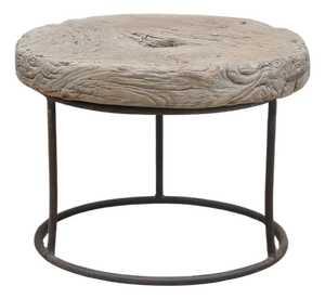 Vintage Elm Mill Wheel and Iron Side Table