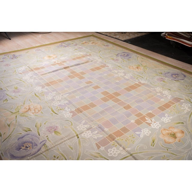 9x12 Vintage Aubusson Flat Weave Wool Rug, Light Blue Art Nouveau Floral For Sale - Image 4 of 15