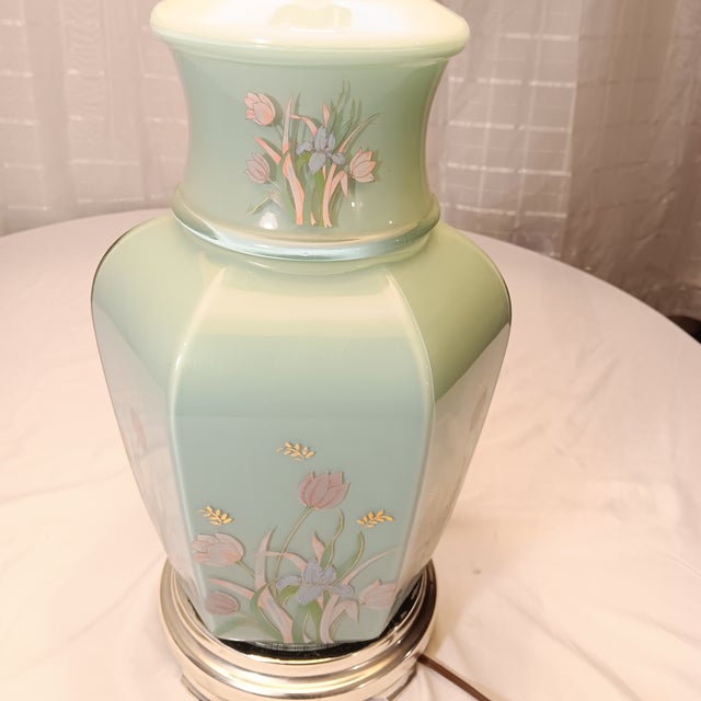Vintage MCM Teal Ginger Jar Glass Table Lamp With Pink, Green and Blue Flower Motif and Chrome Base. Comes with Shade....