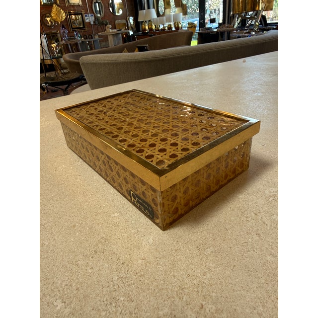 Modern Vintage Lucite & Woven Rattan Storage Box With Brass Trim For Sale - Image 3 of 8