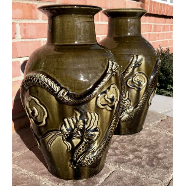 Asian Large Asian Mid-Century Dragon Vases - a Pair For Sale - Image 3 of 9