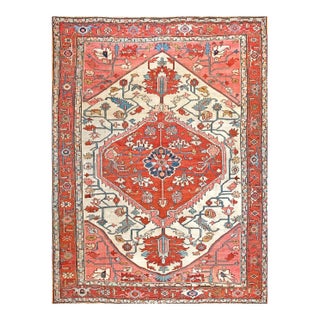 1890s Ivory Red Medallion Antique Persian Heriz Serapi Rug 9'2" X 12'2" Handknotted Wool Carpet For Sale