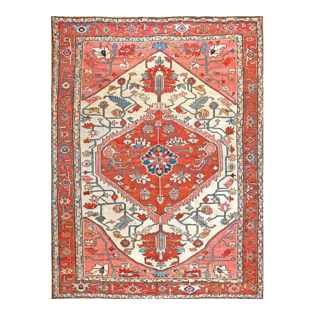 1890s Ivory Red Medallion Antique Persian Heriz Serapi Rug 9'2" X 12'2" Handknotted Wool Carpet For Sale