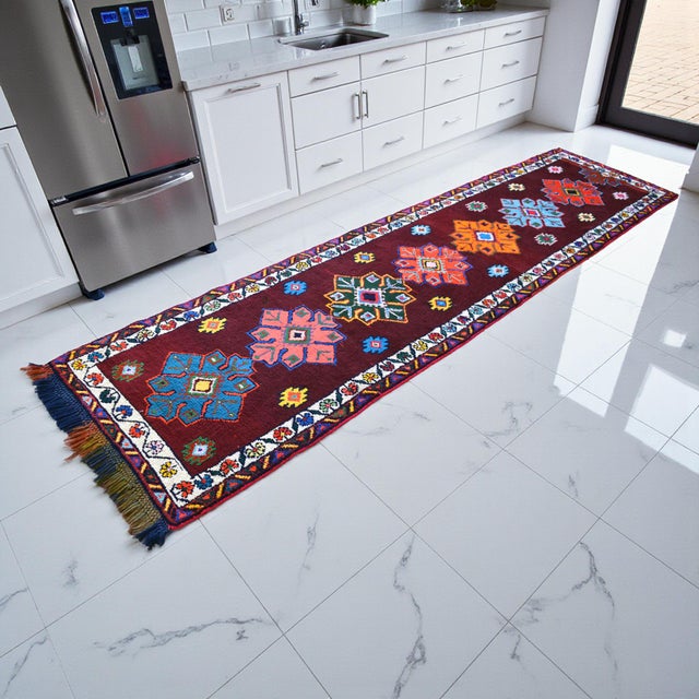 Mid-Century Modern Turkish Runner Rug. Hand-Knotted Tribal Deep Pink Color Hallway Rug, Kitchen Decor - 3′ × 12′ For Sale - Image 3 of 17