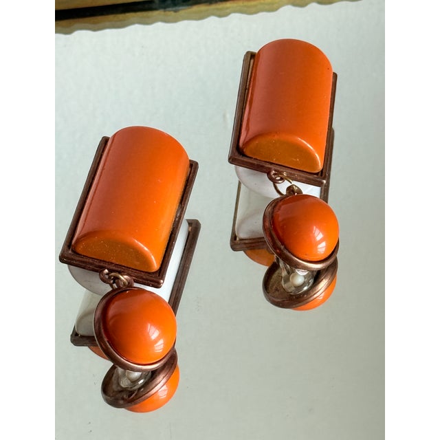 Orange Vintage 1960s Mod Geometric Clip on Earrings Orange White, Attributed to Pierre Cardin, A Pair For Sale - Image 8 of 12