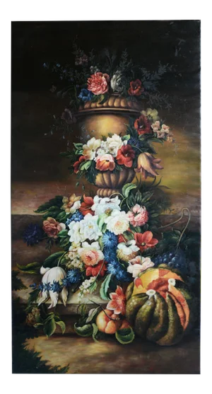 Vintage Oil Painting Still Life on Canvas. Flowers and Fruits