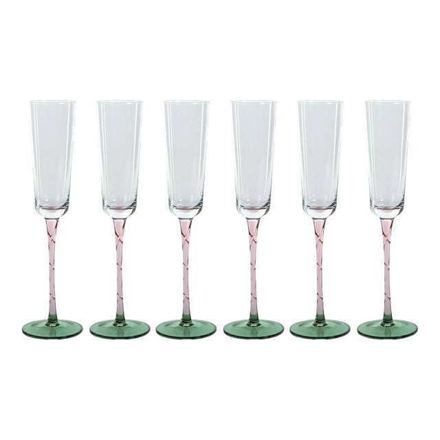 Sachi Green & Pink Champagne Flutes, Set of 6 For Sale