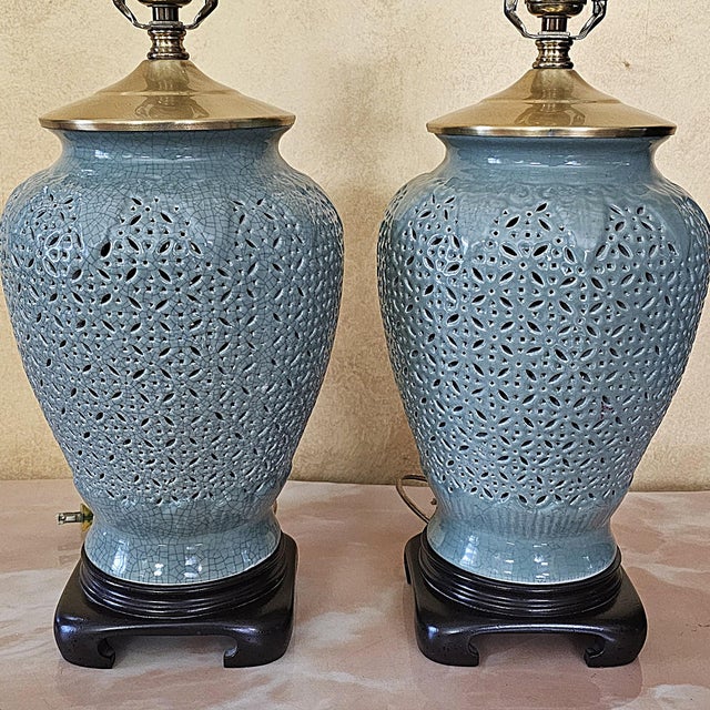 Late 20th Century Reticulated Celadon Chinoiserie Porcelain Table Lamps With Pleated Shades - 29" - a Pair For Sale - Image 9 of 18