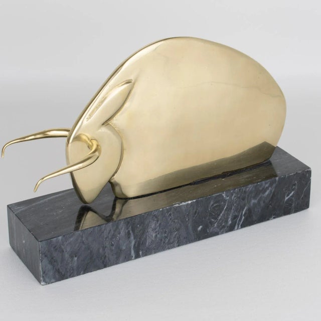 Art Deco Polished Brass and Marble LongHorn Bull Bookends For Sale - Image 13 of 14