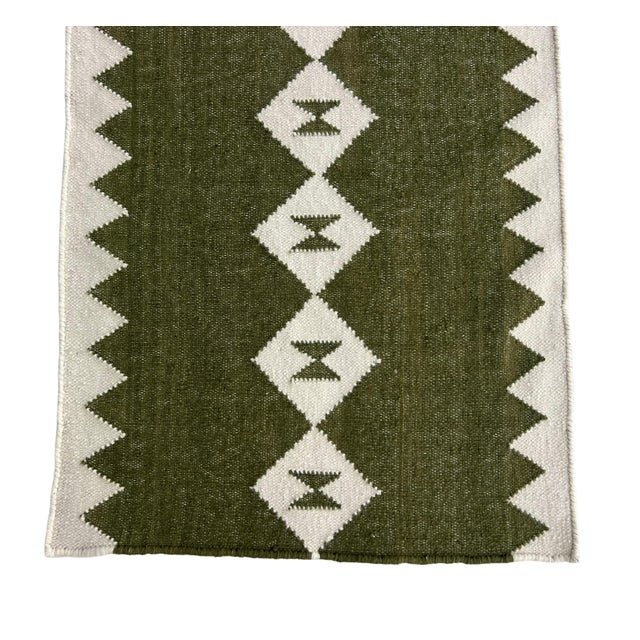 Handmade New Zealand Wool Dhurrie Runner, Olive Green and Cream Geometric Runner Rug- 2'x9' For Sale - Image 12 of 12