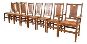 Gustav Stickley Antique Mission Oak Arts & Crafts H-Back Dining Chairs With Rush Seats, Set of Eight
