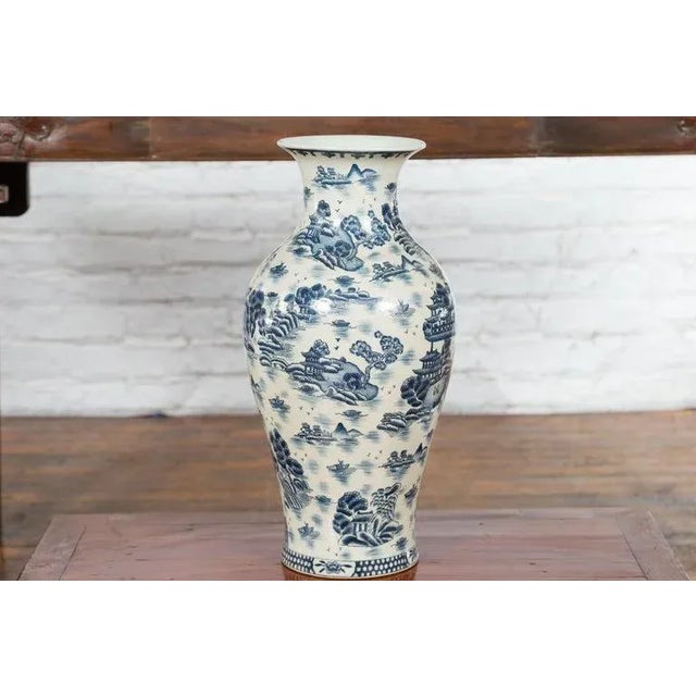 Vintage Chinese Blue & White Porcelain Vase with Landscapes & Architectures For Sale - Image 9 of 13