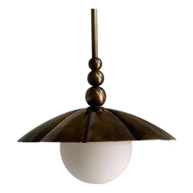 Handcrafted Pure Brass Pendant Light Dome Shade Vintage Milk Glass Globe Design For Sale