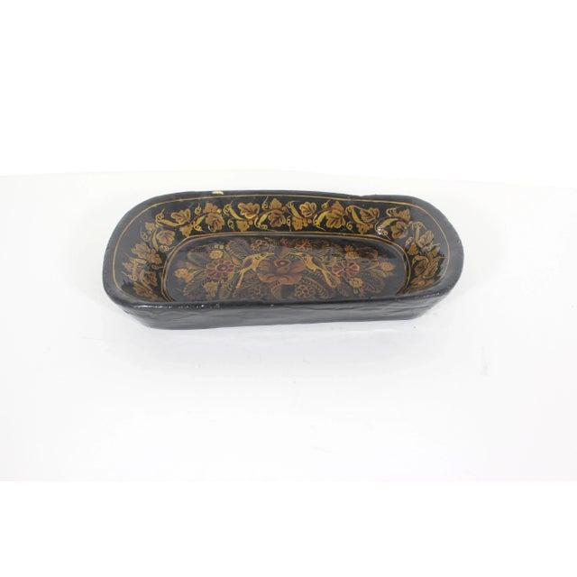 Indian Vintage Kashmir Lacquered Wood Bowl Handmade Hand Painted Floral Leaf Bird Black Brown Yellow For Sale - Image 3 of 11