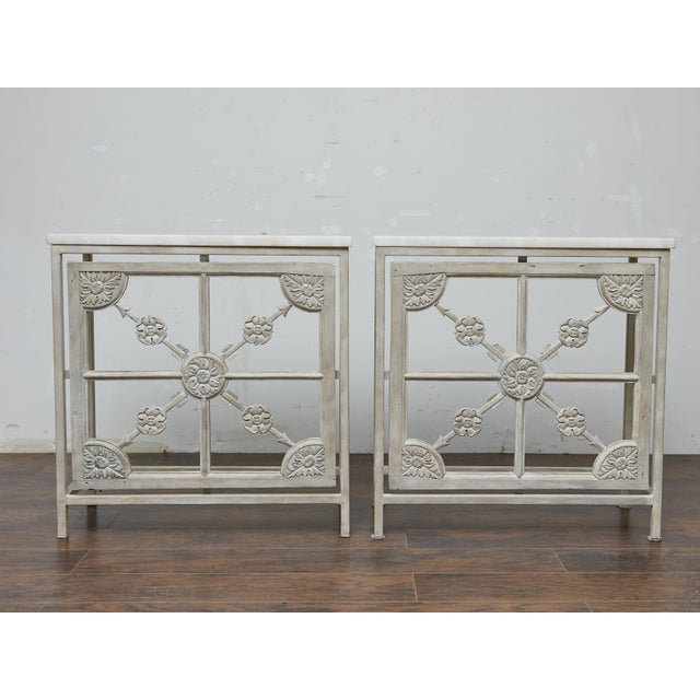 French 19th Century Pair of French Painted Iron Consoles With Carved Wood Panels and Marble Tops For Sale - Image 3 of 11