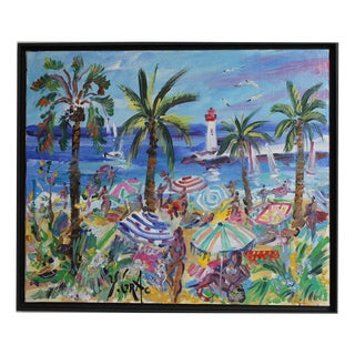 Yvon Grac, The Cros Dei Pin Beach at St. Jean Cap Ferrat, 1990s, Oil Painting on Canvas, Framed For Sale