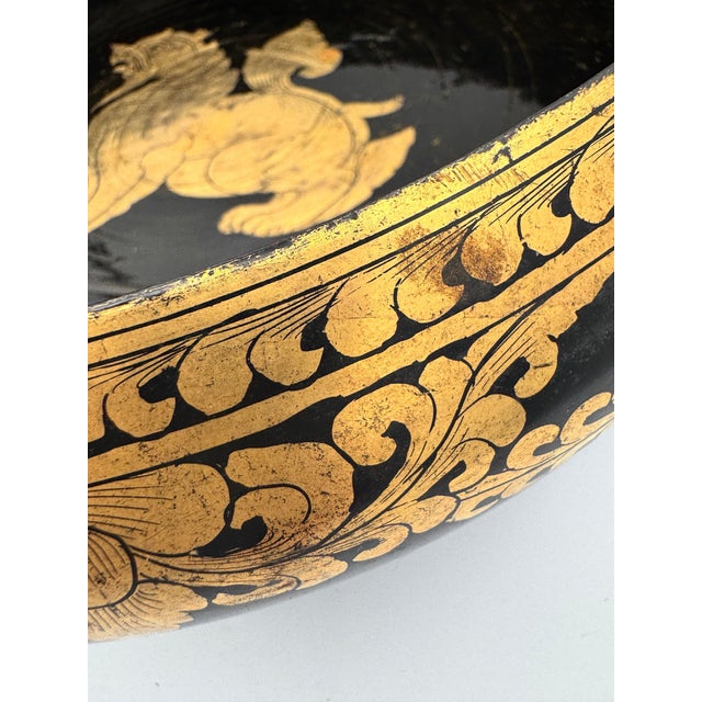 Wood Vintage Burmese Black Lacquer Bowl With Gilt Chinthe Motif For Sale - Image 7 of 9