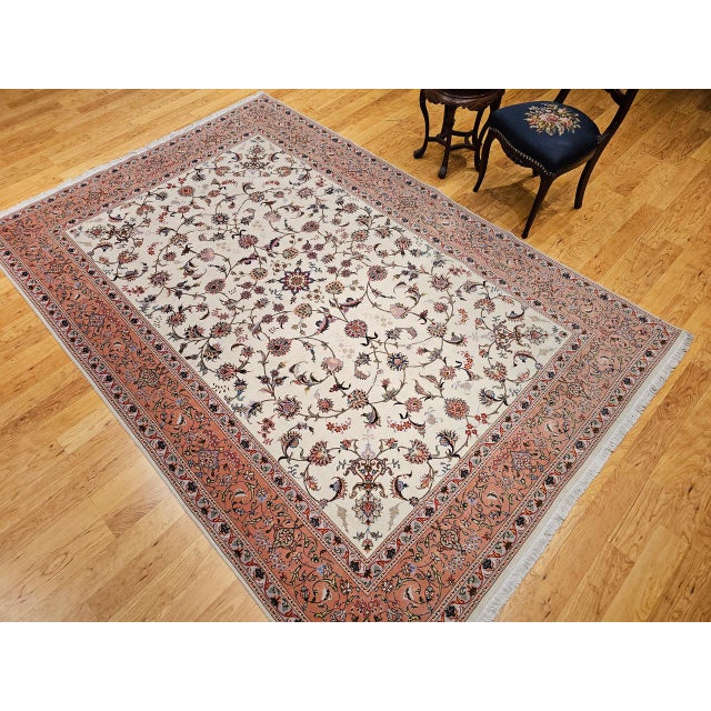 Vintage Persian Tabriz Rug, Hand-Knotted Wool & Silk, Allover Floral Pattern, Ivory & Pale Red, 7x10 For Sale In Chicago - Image 6 of 18