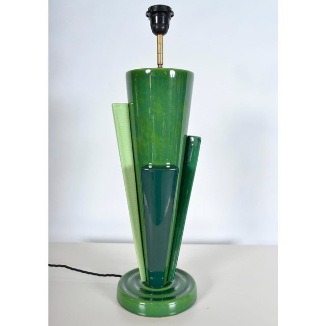 Large Postmodern Green Ceramic Table Lamp attributed to Francois Chatain, 1980s For Sale - Image 6 of 18