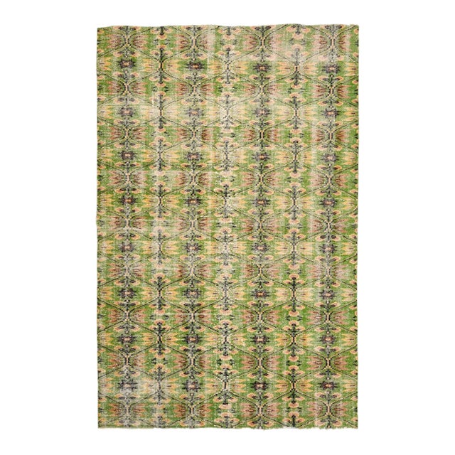 1970s Vintage Turkish Oushak Handmade Wool Cotton Green Area Rug For Sale