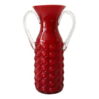 Mid-Century Italian Red Glass Vase with Sculptural Clear Handles, 1970s For Sale