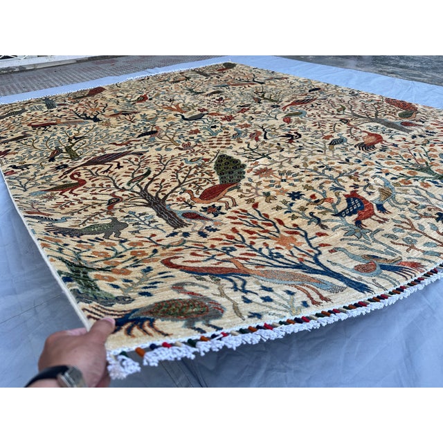 Hand-Knotted Afghan Tree of Life Pictorial Wool Area Rug - 8'1" X 9'9" For Sale - Image 4 of 13