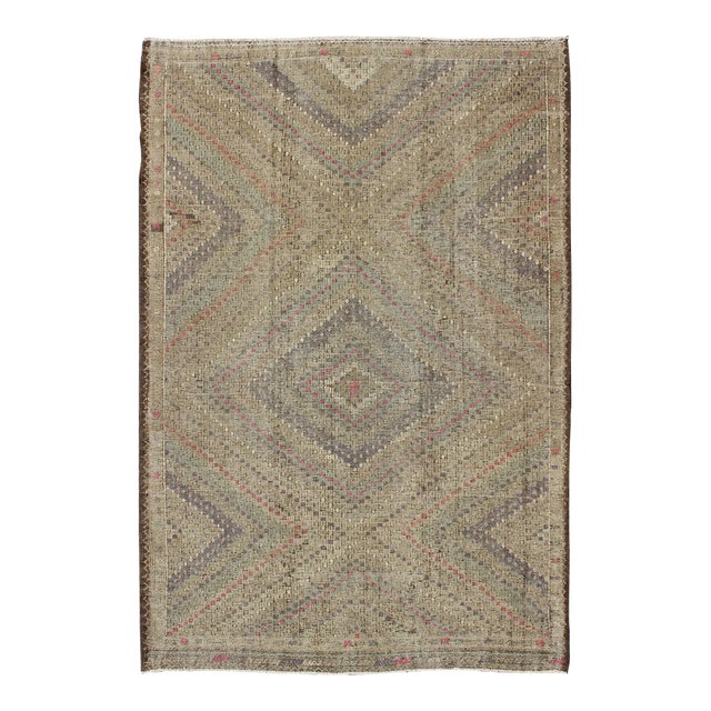 Mid 20th Century Turkish Kilim Rug With Multi Layered Diamond Design in Soft Tones of Blue, Green, Gray, Red For Sale