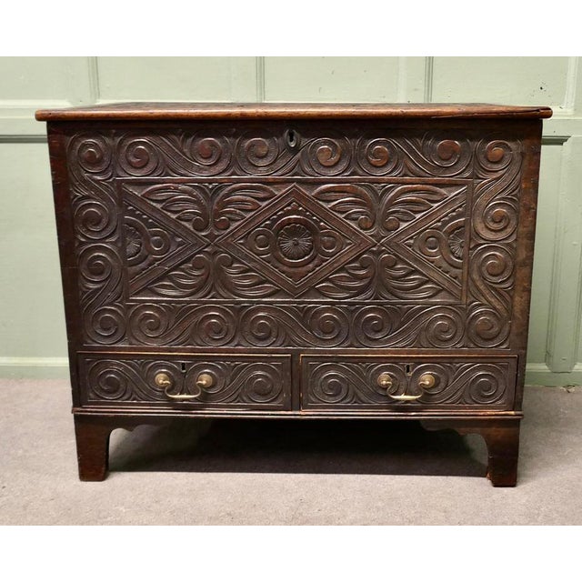 Cottage Size Green Man Carved Oak Mule Chest This is a beautifully carved Mule Chest with the benefit of 2 drawers rather...