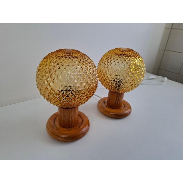 Mid-Century Modern Table Lamps with Amber Glass and Wood Base, Czechoslovakia, 1980, Set of 2 For Sale - Image 14 of 17