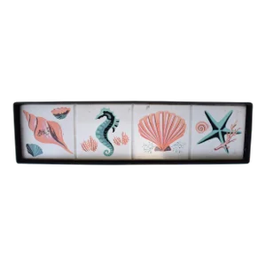 Mid 20th Century Four Tile Seashell/ Seahorse Cocktail Serving Tray