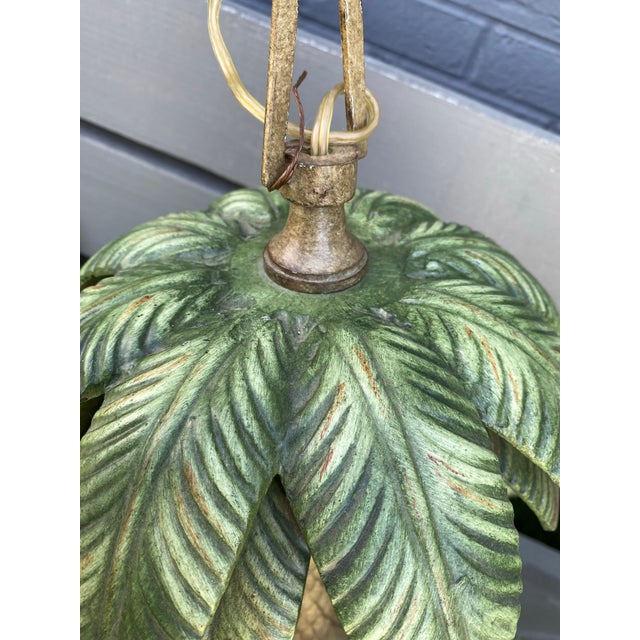 Vintage Tole Metal Palm Beach Tropical Hollywood Regency-Style Tole Palm Tree Chandelier Featuring Green-Painted Metal Fronds and Faux-Candle Arms For Sale - Image 10 of 12