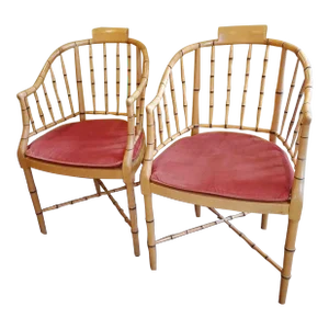 1960s Vintage Baker Furniture Faux Bamboo and Cane Regency Armchairs - a Pair