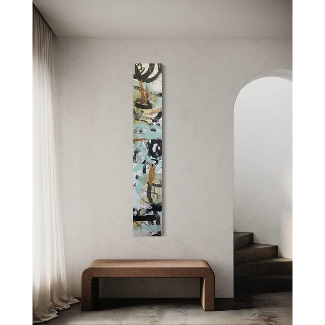Textile Christiane Corcelle "Whispers of the Forest 5" Mixed Media on Canvas, Tall Narrow Abstract Painting in Sage, Aqua and Black, 2024 For Sale - Image 7 of 9