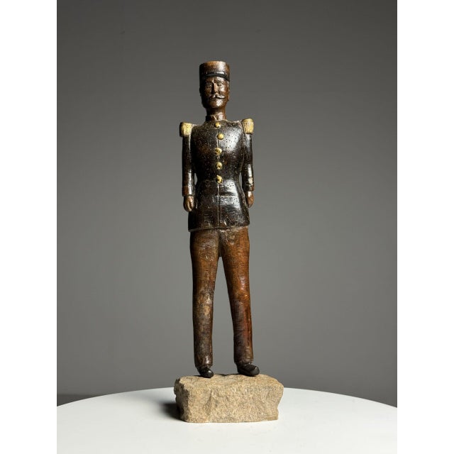 Hand-Carved Statue of a French Officer, 19th Century, Oak on Stone Base For Sale - Image 3 of 17