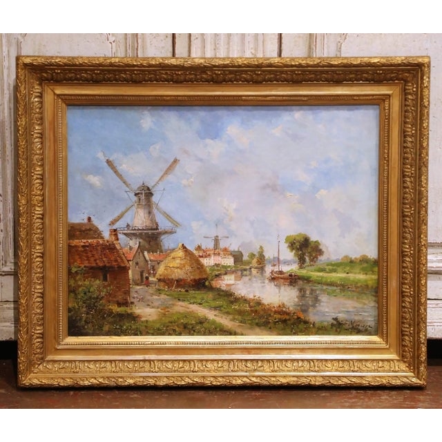 Sky Blue 19th Century French Windmill Landscape Oil on Canvas Painting by Gustave Mascart For Sale - Image 8 of 12