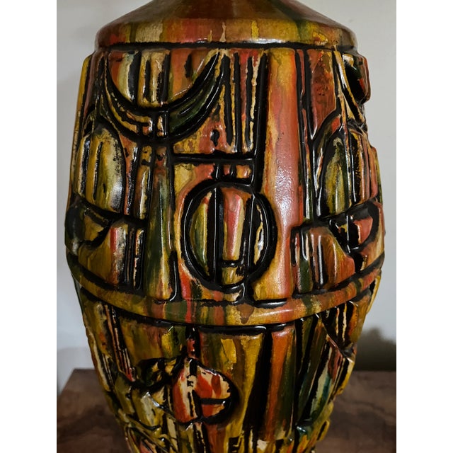 Mid-Century Modern Mid-Century Brutalist Drip-Glazed Tall Table Lamp With Shade and Wood Base For Sale - Image 3 of 11