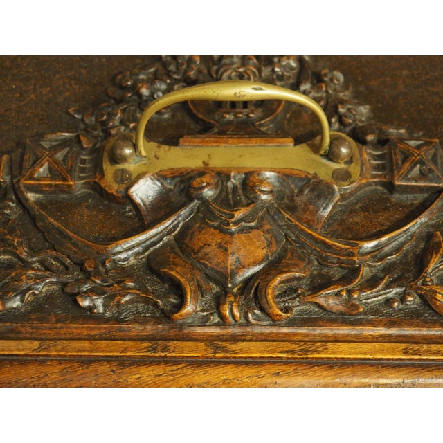 19th Century French Oak Table Coffret Box With Relief Trophy Carvings For Sale - Image 15 of 15