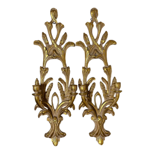 Vintage Gold Gilt Fuax Bois Wall Candle Sconces ~ a Pair