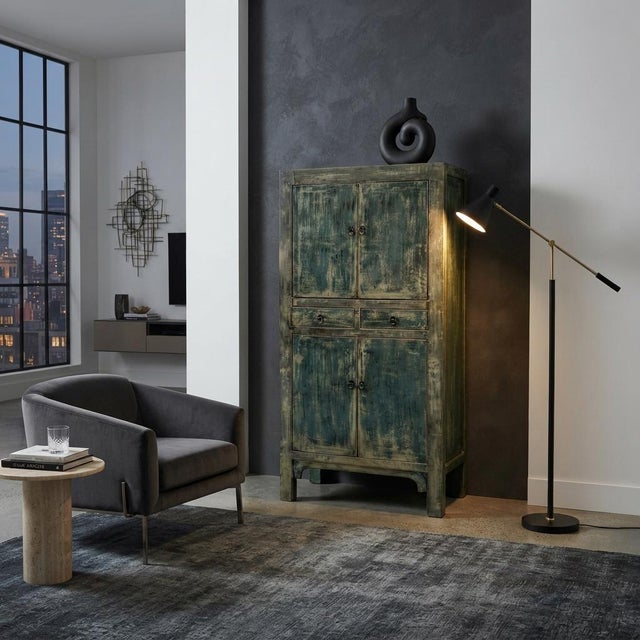 Distressed Olive Green Rim Teal Blue Doors Storage Cabinet For Sale In San Francisco - Image 6 of 8