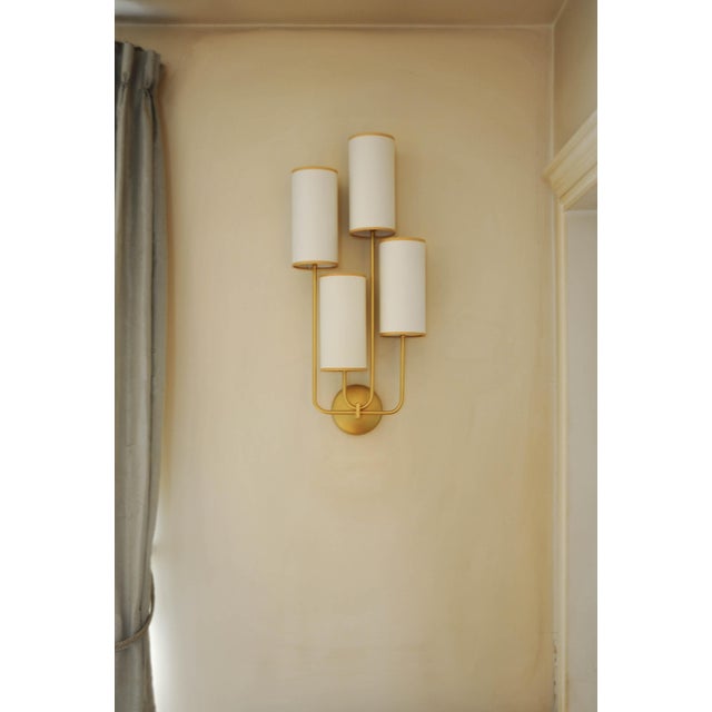 Contemporary Elevation 4 Wall Sconces in Patinated Gold Metal and White Shades by Aymeric Lefort, Set of 2 For Sale - Image 3 of 18