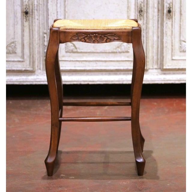 Wood Louis XV Style French Walnut Counter Stools With Rush Seats, Set of Four For Sale - Image 7 of 9