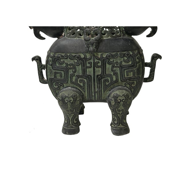 Sculpture Materials Green Bronze-Ware Ram Ox Ding Archaic Zoomorphic Ritual Vessel Display For Sale - Image 7 of 11