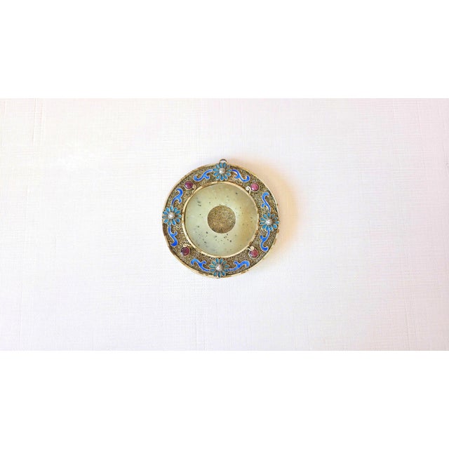 Mid 19th Century Vintage Chinese Hetian Jade Disc Bi in Silver Enamel Frame With Rubies and Pearl For Sale - Image 5 of 9