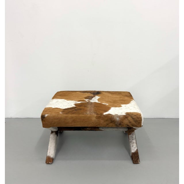 Vintage Cowhide Ottoman With Nailhead Trim For Sale - Image 4 of 7