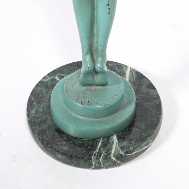 Art Deco Sculptural Onyx & Veria Green Marble Nude Flapper Signed Max Le Verrier For Sale - Image 12 of 17