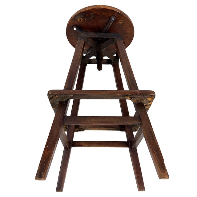 Antique 1910s 30" Tall Industrial Architect's Draftsman Stool - Adjustable Wood & Cast Iron Swivel Seat For Sale - Image 17 of 18