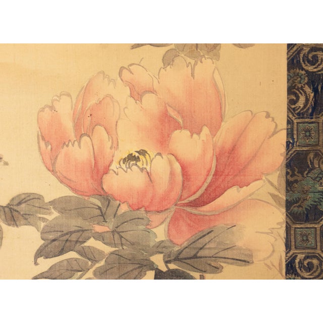 Textile "Peony Flower and Butterflies" by Kawabata Gyokusho, Meiji Era Japanese Silk Scroll Painting For Sale - Image 7 of 16
