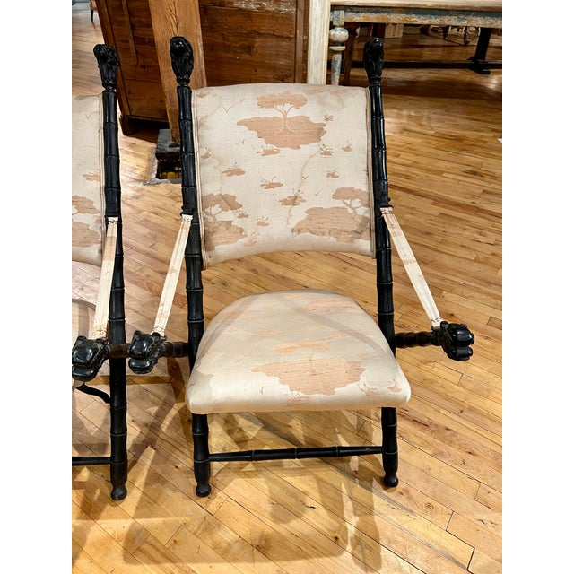 Traditional Pair, Georgian Brighton Pavilion Carved Chinese Export Campaign Chairs For Sale - Image 3 of 11