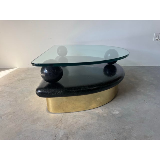 Metal 1980’s Postmodern Tessellated Stone and Brass Half-Moon Coffee Table With Glass Top/ Sold For Sale - Image 7 of 12